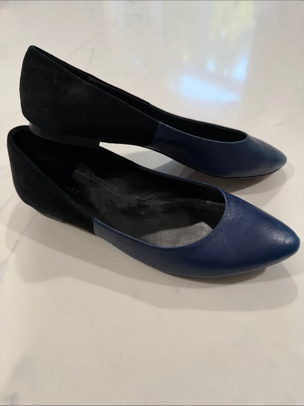 Women's Theory Two-Toned Navy and Black Pointed-Toe Flats